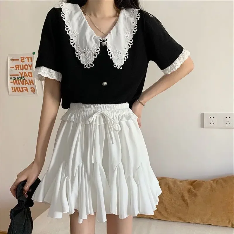 Skirts Women Sweet Chiffon Elegant Stylish Pleated Empire Elastic Waist Lace-up Ruffles A-line Ulzzang All-match Daily College