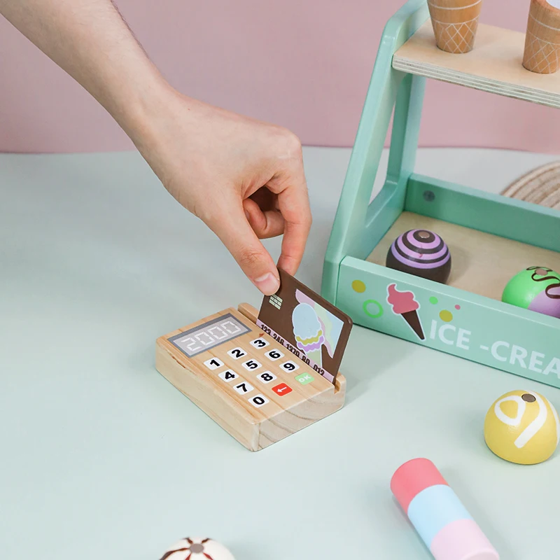나무 척 장난감 시뮬레이션 아이스크림 카운터 Playset 척 놀이 장난감 주방 액세서리 몬테소리 어린이를위한 학습 장난감