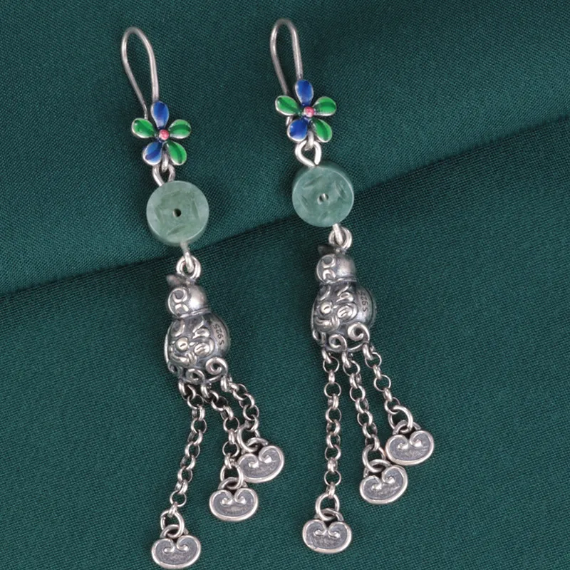 925 Sterling Silver Jade Small Flower Gourd Hanging Earrings Women Retro Ethnic Enamel Long Tassel Earrings Wholesale EH162