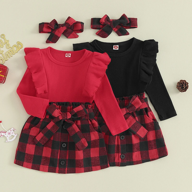 

0-5Y Toddler Kids Baby Girl Christmas Outfits Turtleneck Ribbed Knit Tops Plaid Button Mini Skirts 2Pcs Winter Xmas Clothes Set