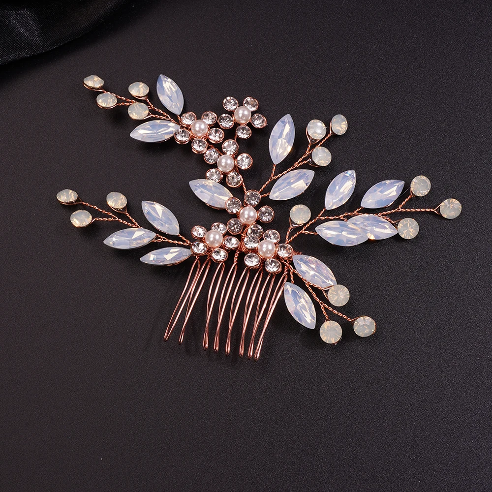 Handmade Wedding Opal Rhinestones Flower Hair Comb Clip Bridal Hair Comb Piece Gold Accessories for Brides Wedding