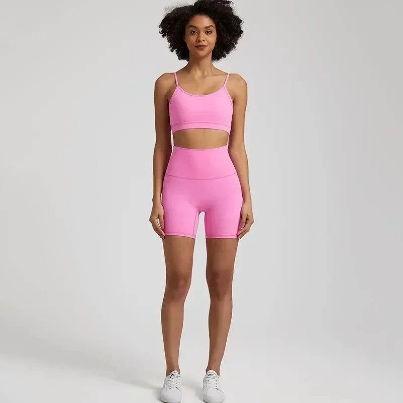 Lemon Soft Women Sport Suit High Waist Shorts Cross Fitness Bra 2pc Short Legging Yoga Set Gym Workout Training Hollow Out