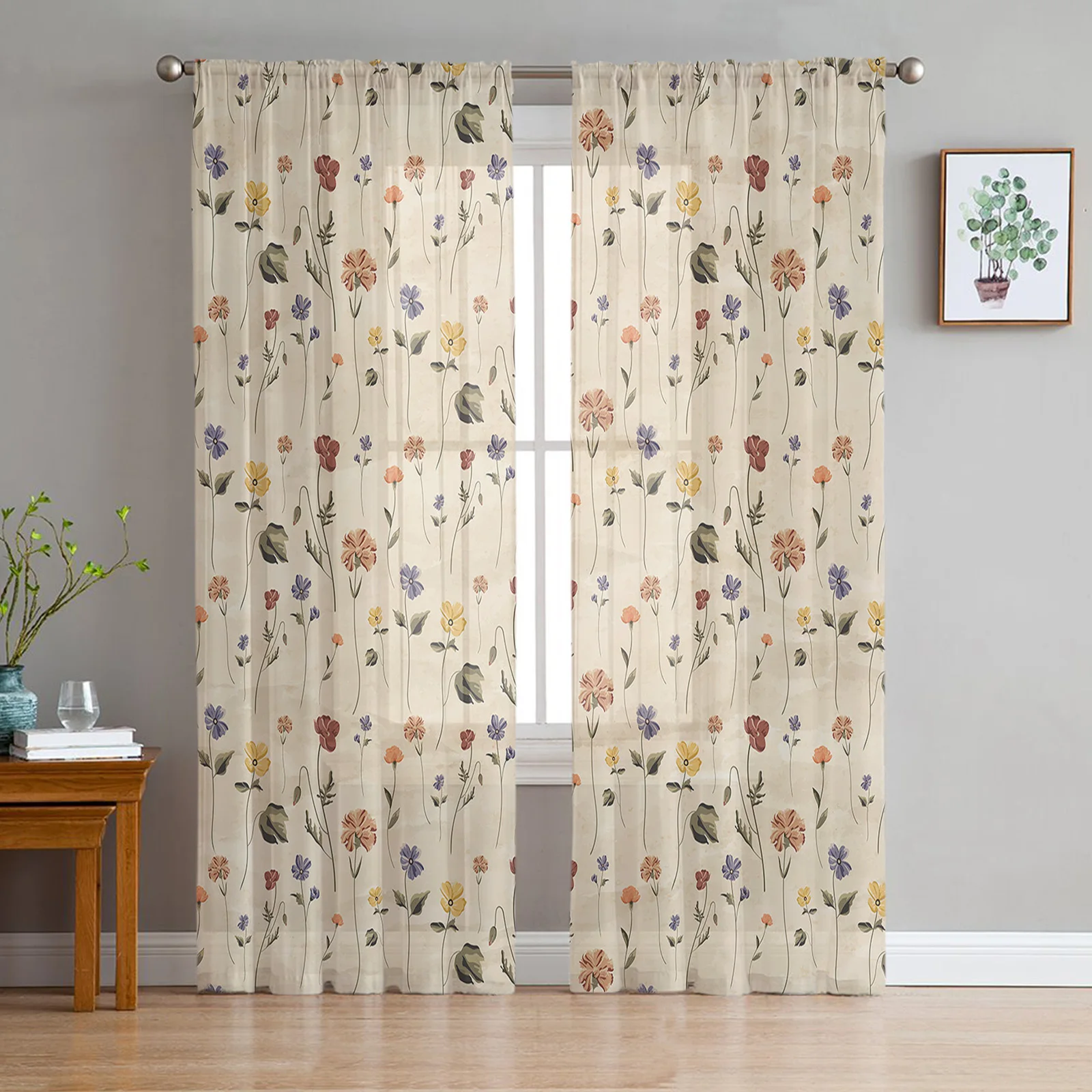 

Retro Floral Wildflowers Sheer Curtains for Bedroom Living Room Decoration Window Curtain for Kitchen Tulle Voile Organza Drapes