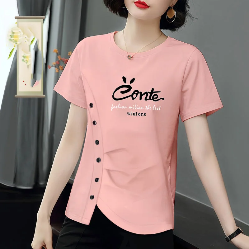 

Summer new Women's pullovers Crew Neck Letter Asymmetric buttons Casual Fashion Loose short Sleeve All cotton T-shirt Tops
