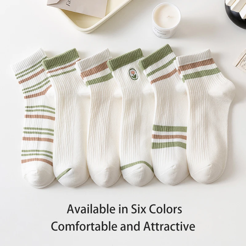 6 Pairs of Women's Four Season Simple Striped Flower Sweet College Style Fashionable Versatile Summer Breathable Mid Tube Socks 2