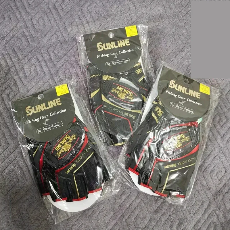 Fishing Gloves New Sunline Men Leather Anti-Slip 3/5 Half-Finger Cut Sports Hiking Cycling Wear-resistant