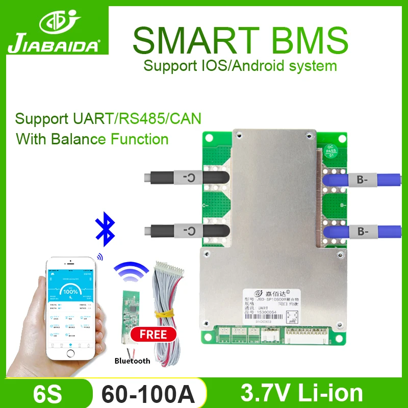 JBD Smart BMS 6S 24 В с температурной защитой Lifepo4 Bluetooth 100A 80A 60A для электровелосипеда 3 7 в