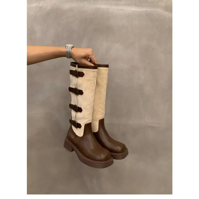 2023 New Retro Suede Boots Women Thick Bottom Brown Long Knight Boot Chic Demi-season Brown Autumn Footwear Ladies