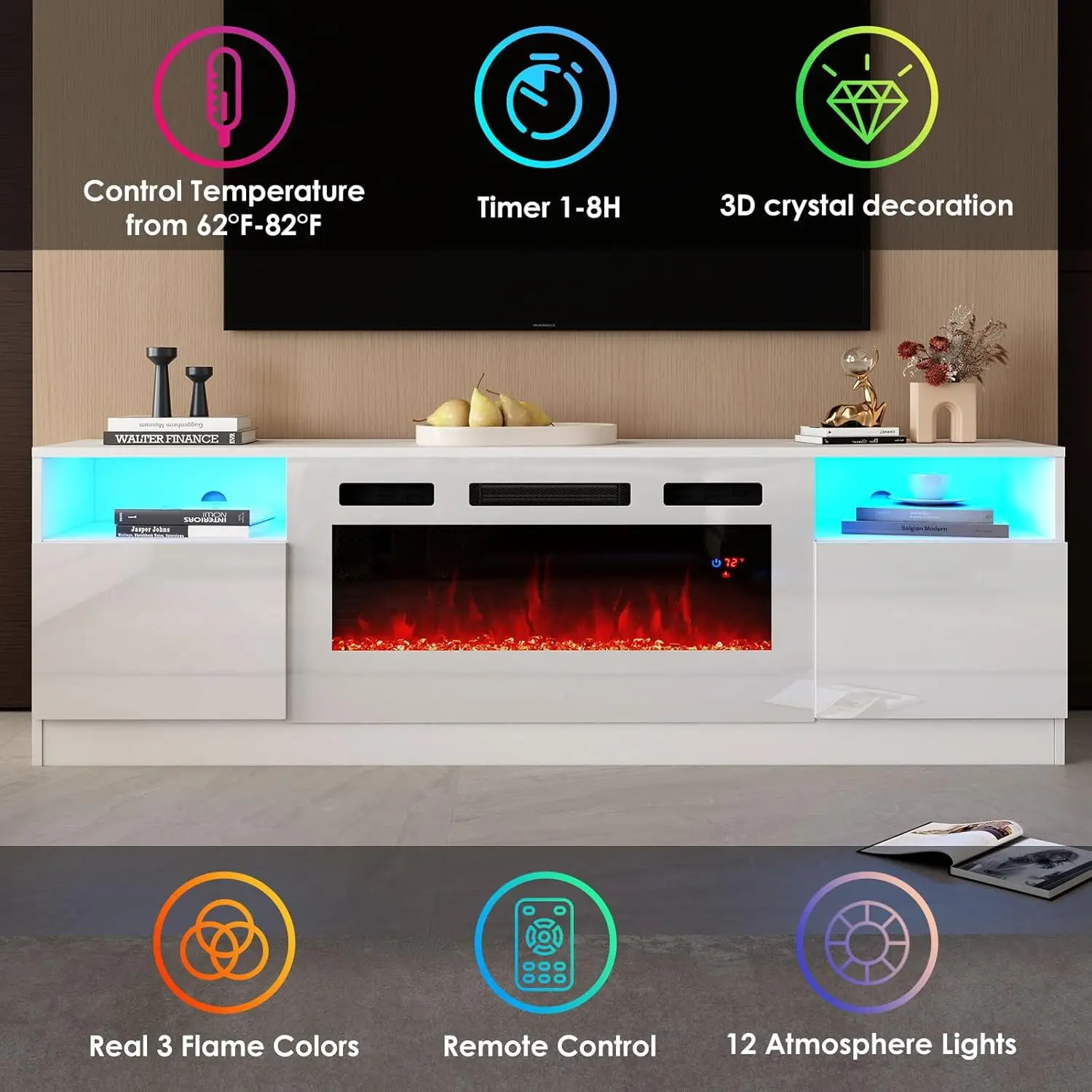 80 "TV Stand with 40" Electric Fireplace Large Modern Matte Texture with High Light Locker and 12 Color LED Lights 3