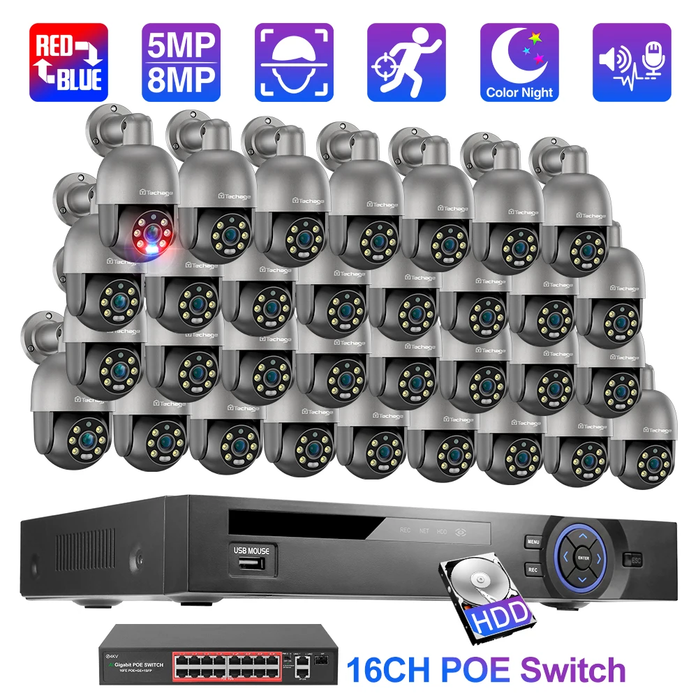 Techage 32CH 4K UHD PTZ POE Video Security Camera System 8MP Outdoor IP66 Human Detect CCTV Recorder Surveillance Protection Kit