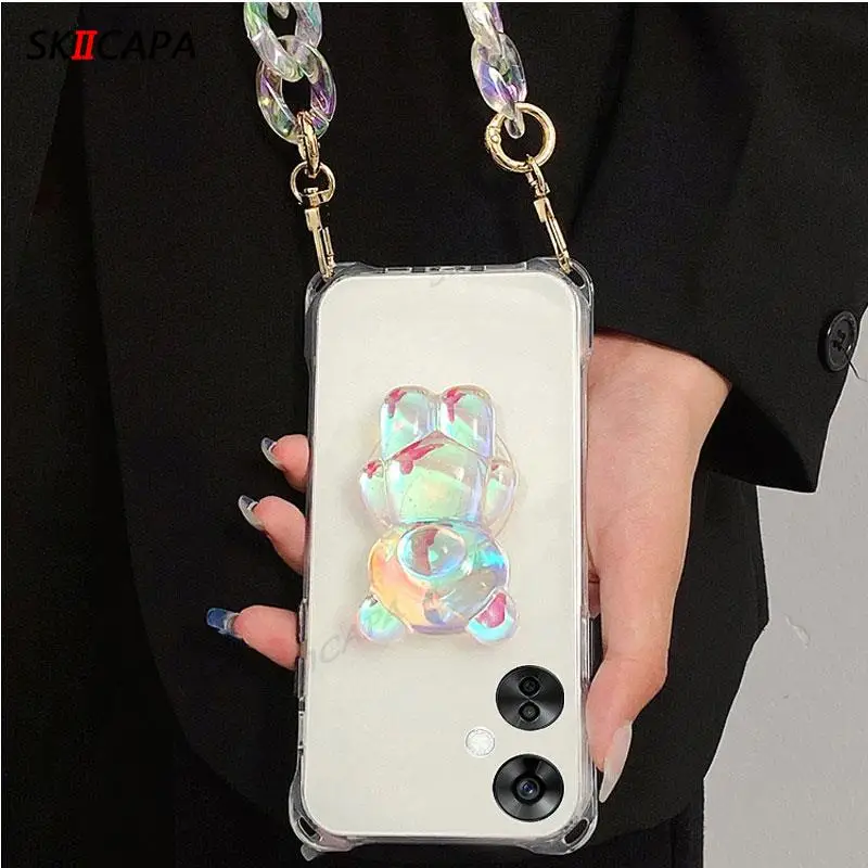 3D Laser Bear Holder Clear Cover with Wrist Chain Silicone Case
