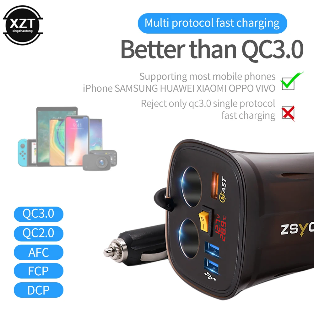 Fast QC3.0 USB Cup Holder Car Charger Adapter Cigarette Lighter Voltmeter 12V Socket Display Temperature Waterproof power switch