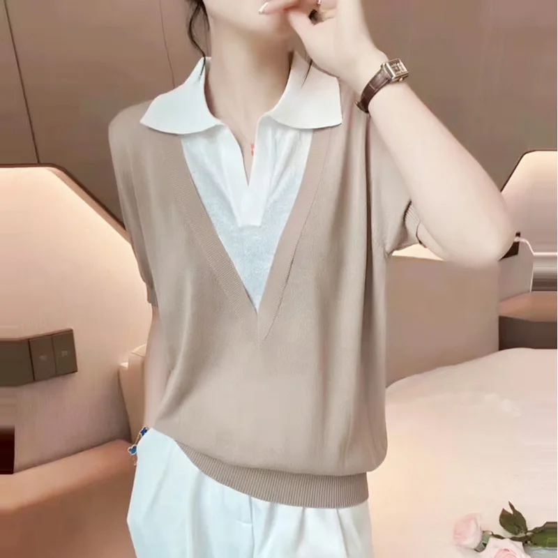 

Women Clothing TopsForeign Gas V-word Half Open Lapel Color Blocking Knitwear Spring/summer Outfits New Lax Thin Small Shirt