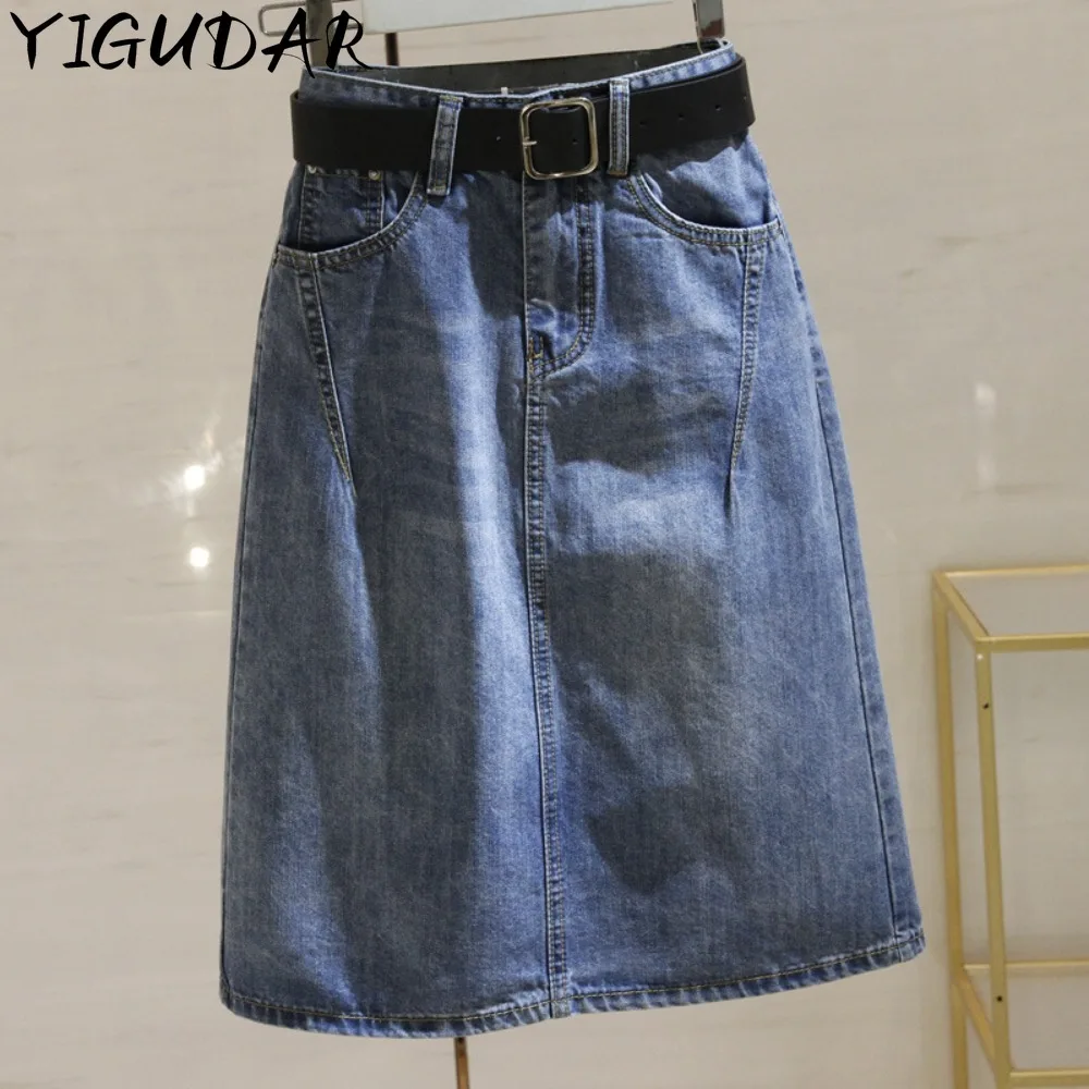 

2023 Spring Summer Women Denim Skirts with Belt Casual Loose High Waist Mid Length Skirts Blue Split Denim Skirts skirts women