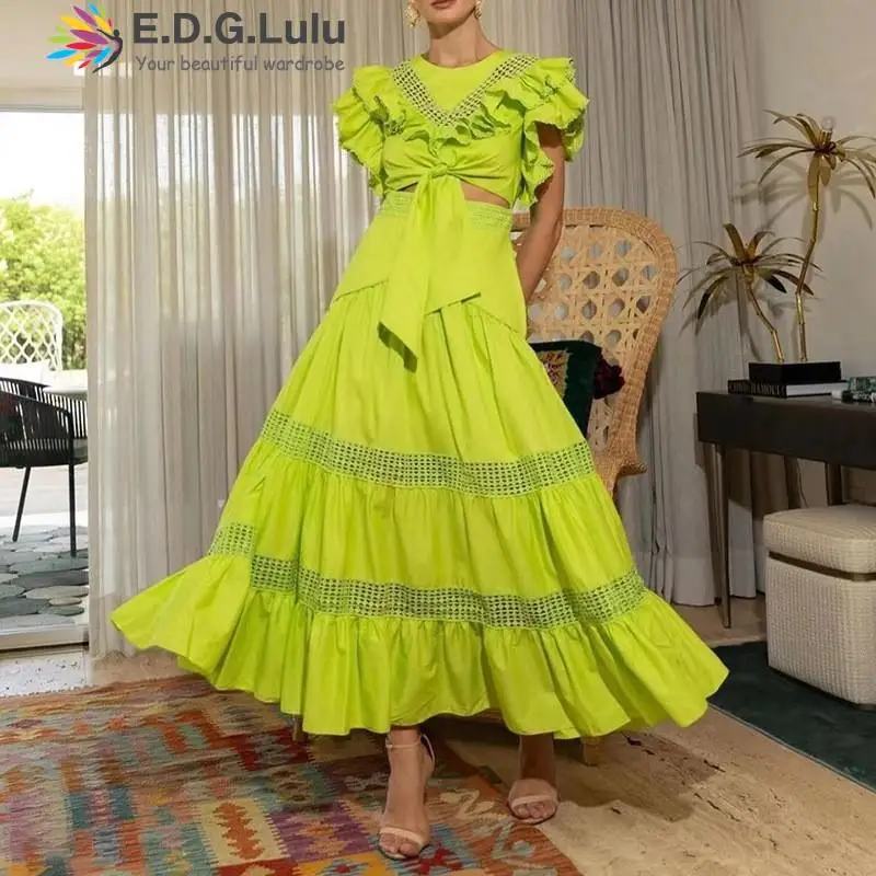 

EDGLuLu Fashion O Neck Flying Sleeve Lace-Up Bow Top+High Waisted Hollow Lace Patchwork Long Skirt Two Piece Set Women 0504