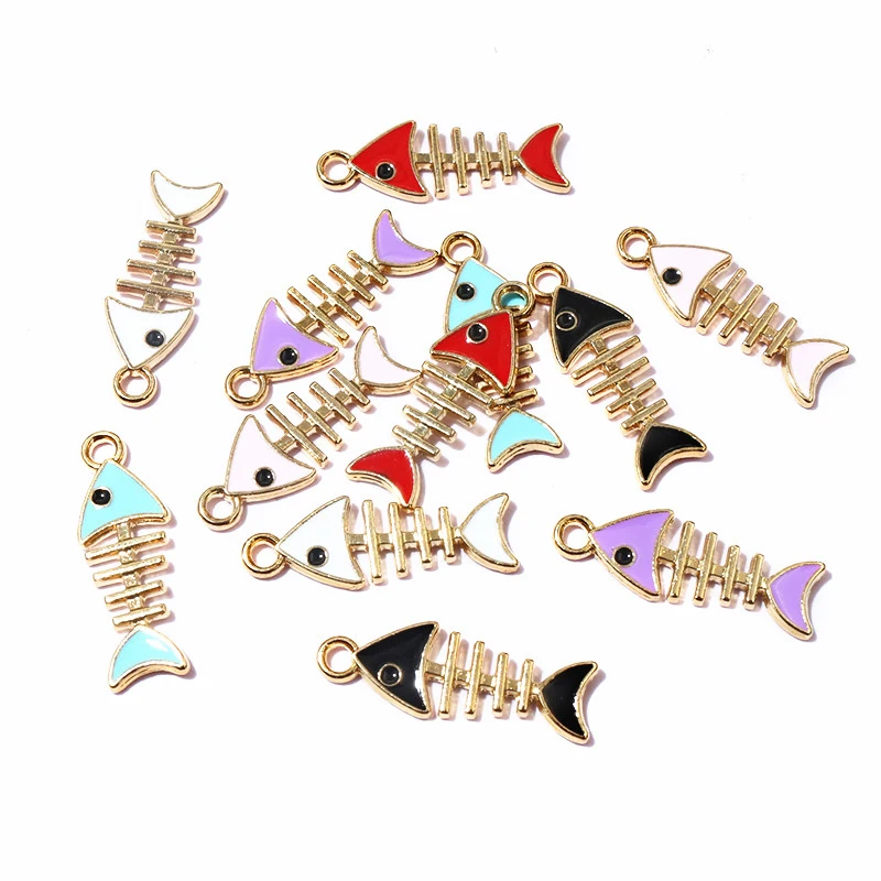 20 Stück 24x8mm Zufällige Farben Mix Emaille Fisch Skelett Anhänger Anhänger Legierung Metall DIY Schmuck Herstellung für Armband Halskette