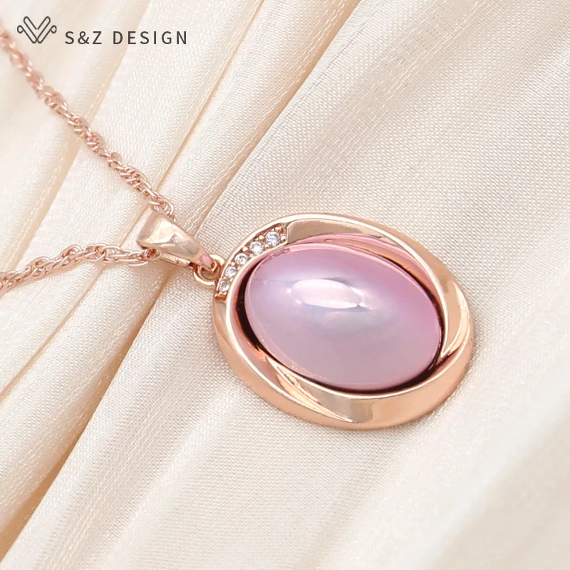 S&Z DESIGN New 585 Rose Gold Color Egg Shape Simulated-pearl Pendant Necklace For Women Wedding Fashion Cubic Zirconia Jewelry