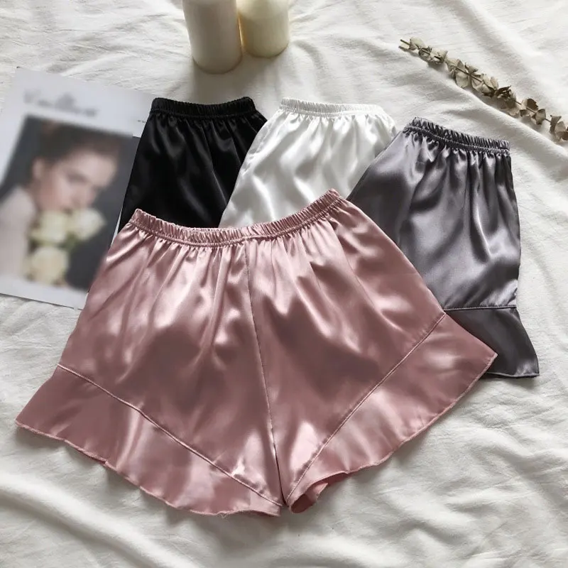 Satin Ice Silk Ruffle Short Pants Women's Summer Loose Home Safety Pants Under Skirt Seamless Sexy Underwear Breath Cool Shorts