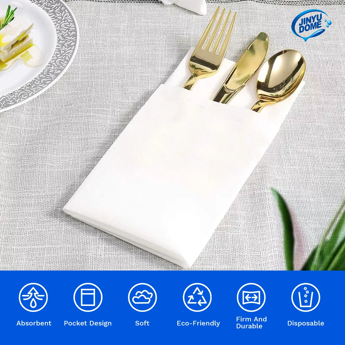 JINYUDOME 25/50Pcs Disposable Linen-Feel Dinner Napkins With Built-in Flatware Pocket,Prefold Cloth Like Paper for Party Wedding