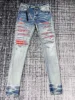 Discount men red bandana patches distressed blue jeans 1