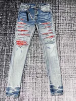 Discount men red bandana patches distressed blue jeans 1