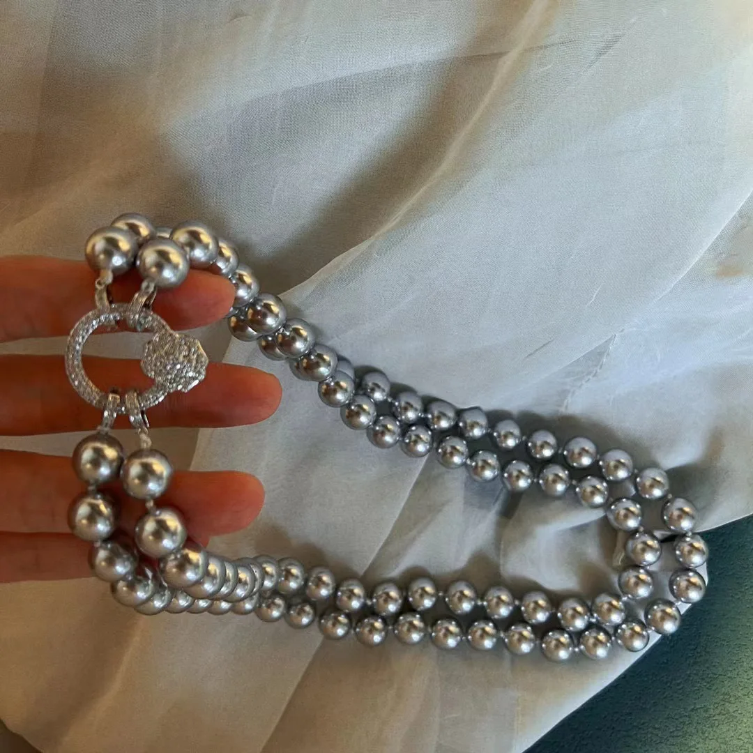 Natural Deep Sea Shell Pearls Large Particles Platinum Gray Pearl Sweater Chain Multiple Wearing Methods Double-Layer Necklace