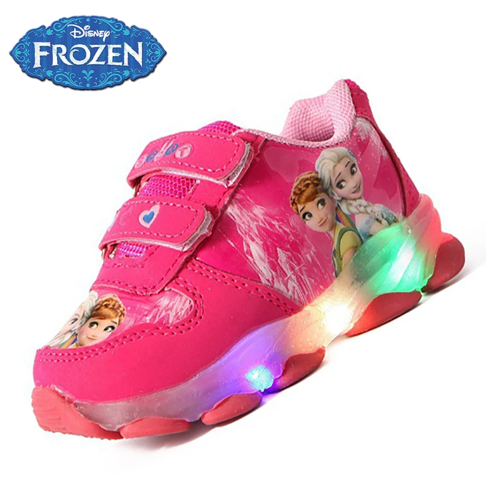 Disney Kids LED Casual Sneakers For Spring Autumn Girls Lovely Frozen Elsa Anna Princess Print Shoes Children