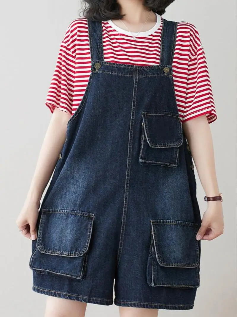 

Fashion Solid Denim Overalls Sleeveless Shoulder Strap Jumpsuit Women's Summer Vintage Korean Loose Straight Button Jeans Short