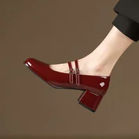Versatile Patent Leather Pump Women's Shoes Winter 2024 New Style Square Heel Adult Professional Women's Footwear Simple Design
