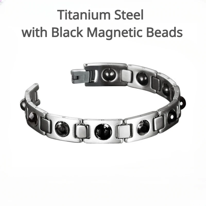 

Titanium Metal Bracelet For Men And Women Wire-Drawn Stainless Steel Black Magnetic Lucky Bead Full Round Bracelets 1.1cm