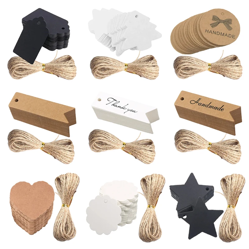 50/100pcs Blank Hang Tags Kraft Paper Holes with Hemp Rope Adjustable Rope Length Handwritten Card Party Gifts Labels TMZ