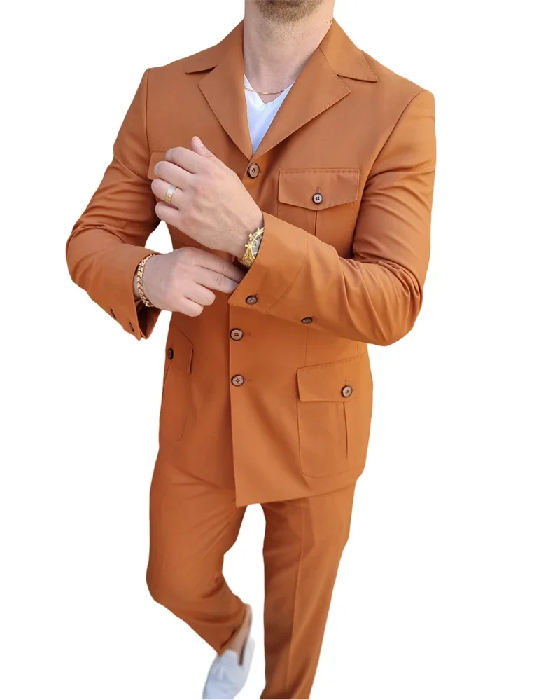 Notch Lapel Safari Men Suits For Outdoor Prom 2 Pcs Wedding Tuxedo Made Single Breasted Blazer With Pants