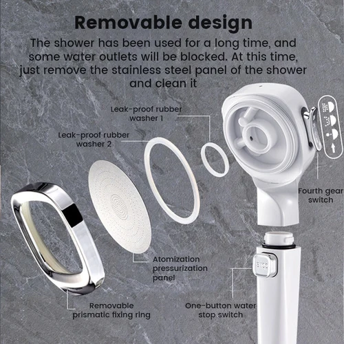 고압 샤워 헤드 절약 4 모드 필터, 조절 가능한 샤워, 원 키 스톱 워터 마사지, 에코 샤워, 욕실 액세서리 4