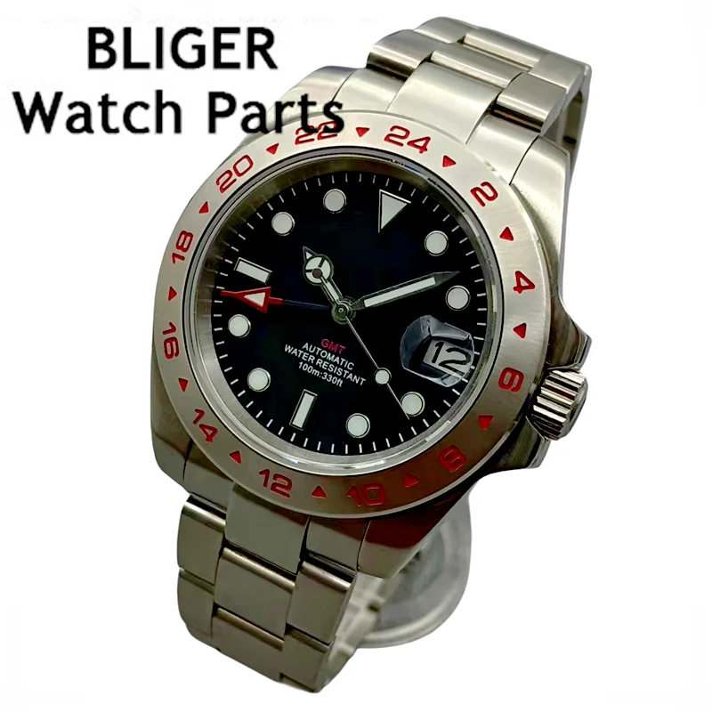 39Mm Quadrante Nero Rosso Gmt Vetro Zaffiro Quadrante Luminoso Giappone Nh34 Nh34A Gmt Orologio Meccanico Automatico Da Uomo