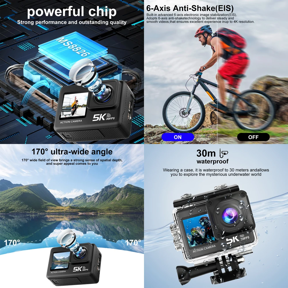5K 4K60FPS Action Camera Dual IPS Touch LCD EIS 170° DVR 30M Waterproof 5X Zoom Sport Camera With Wireless Mic&Remote Control 3