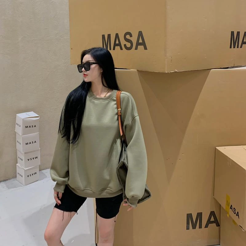 Women's Man-to-Man Long-sleeved Loose Round-neck Student Hootie with Green Top, Trendid, autumn collection, 2024 New Style