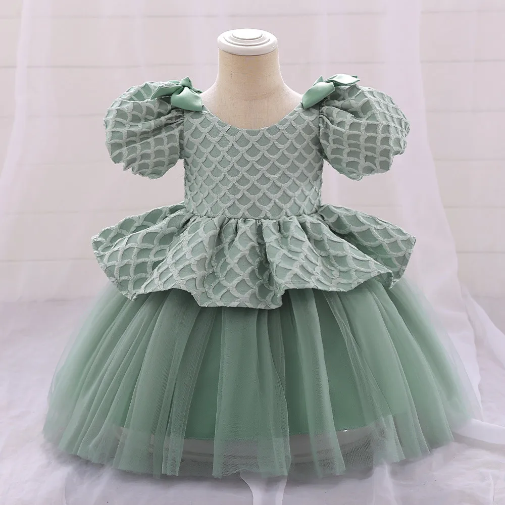 

Flower Girls Wedding Bridesmaid Princess Dress 1st Birthday Party Ball Gown For Newborn Kids Infant Clothes Bubble Sleeves Mesh