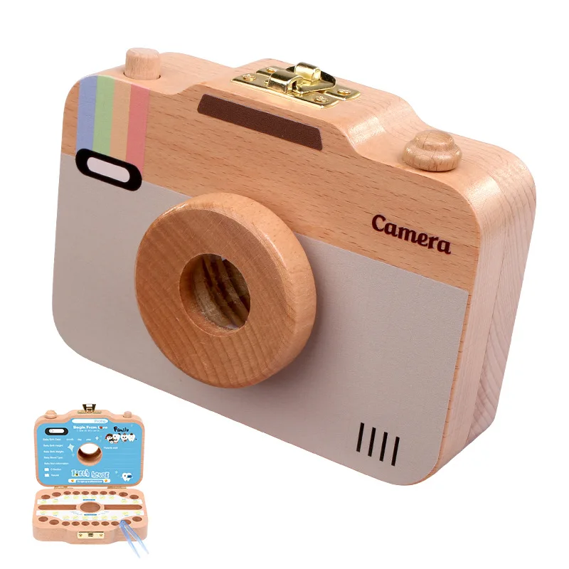 Cartoon Camera Wooden Baby Tooth Box Organizer Kids Milk Teeth Storage Collect Fetal Hair Save Case Souvenir Baby Accessorie