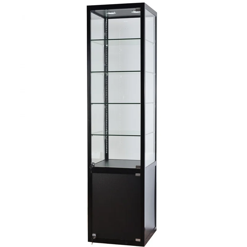 

custom.Popular simple design small aluminum and wood glass tower display cabinet with locks and lights