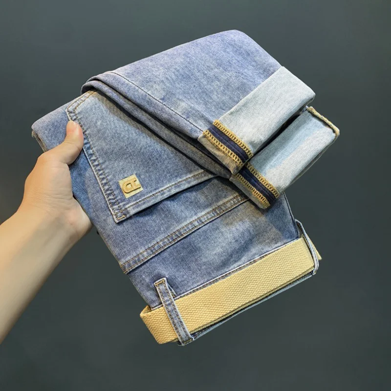 2024New Light-Colored Cropped Jeans Men's Summer Thin High-End Embroidered Pencil Pants Casual Pants Slim Fit Stretch Feet Pants