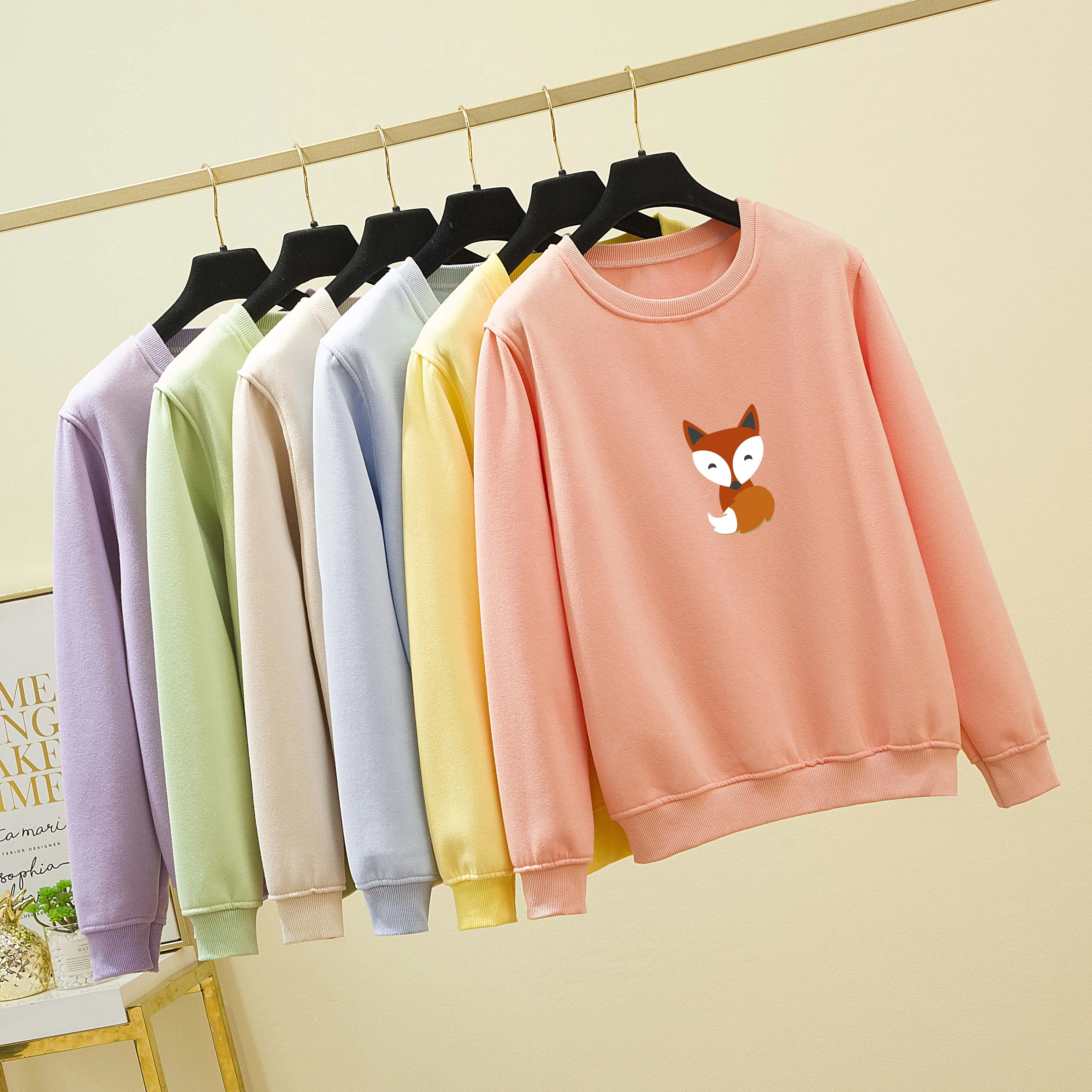 

Kawaii Cute Fox Printed Women Harajuku Kpop Sweatshirt Loose Casual Vintage Pullover Oversized Round Neck Cotton Sweater Clothes