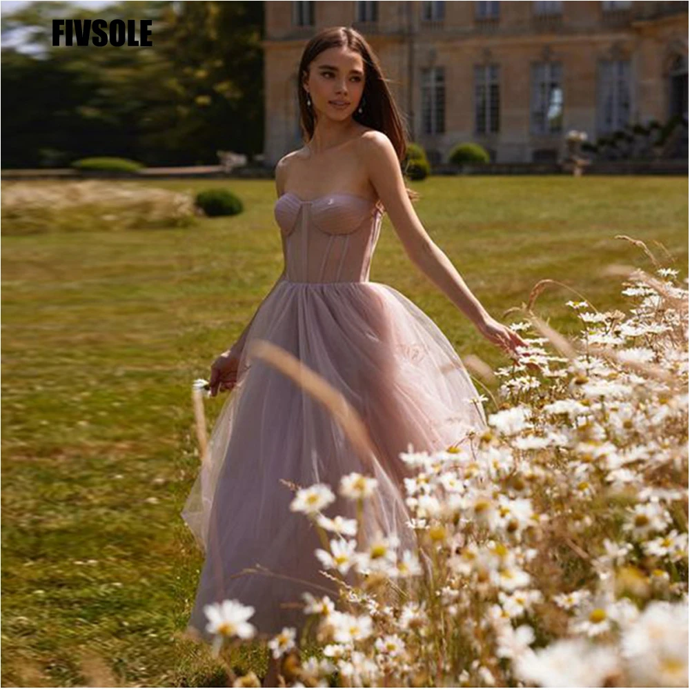 

Fivsole Sweetheart Tulle Dirty Pink Prom Dresses Vestidos De Graduación Pleat Tea-Length Formal Occasion Dresses Robes De Soirée