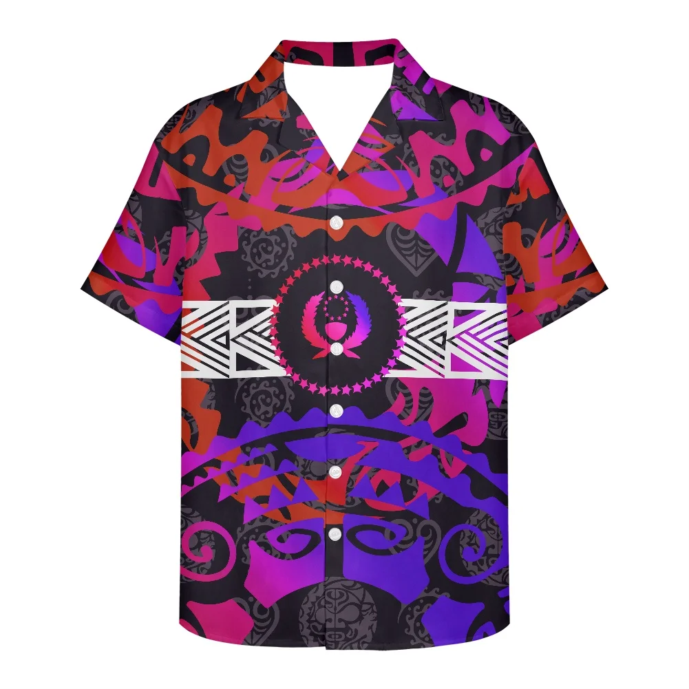 

HYCOOL Pohnpei Island Print Button Up Shirt Men Short Sleeve Loose Fit Casual Neon Hawaiian Shirt Polynesian Tribal Men Clothing