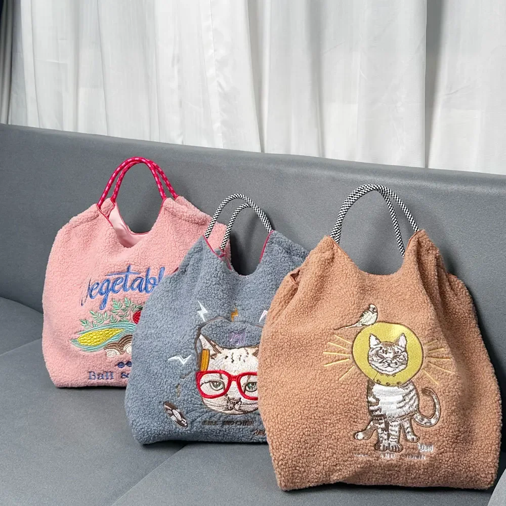 Tote Bag Giapponese Cartoon Ricamo Teddy Velvet Autunno Ed Ewinter Peluche Borsa In Pelliccia Da Donna Di Grande Capacità Soulder Crossbody