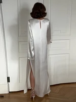 Fashion Women’s Dress O-neck Full Sleeve Side Split Loose Straight Female Solid Dresses 2026 Summer Elegant New Satin Lady Robe