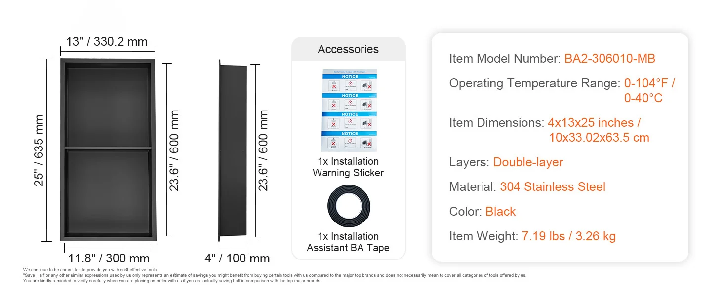 Angled view of black recessed stainless steel shower niche