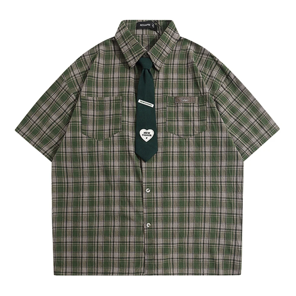 

Classic Green Plaid Turn-down Collar with Tie Men's Shirts Summer Oversized Korean Style Shirts Man