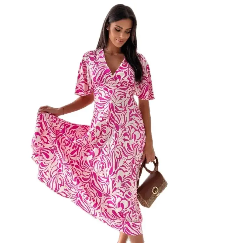 

Черно-белое платье с принтом для женщин, летнее женское платье с коротким рукавом и V-образным вырезом, женское длинное свободное праздничное платье