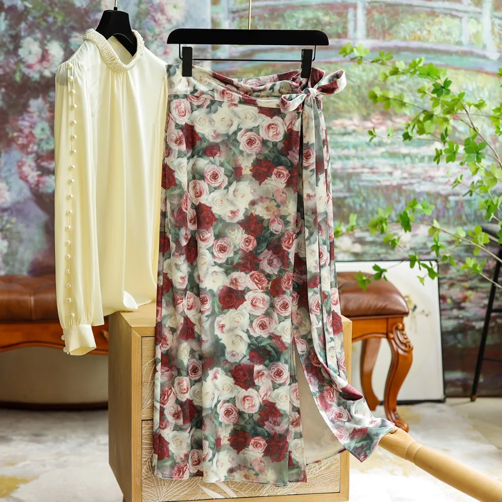 

Vintage Oil Painting Printing High-waisted Straight Open Half Skirt Bow Belt Temperament Gentle and Elegant Long Skirt Women