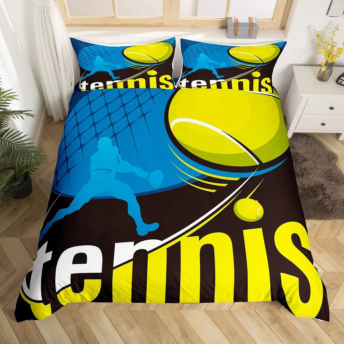 Tennis Court Print Duvet Cover Set,Boys Sports Games Themed Comforter Cover,Yellow Tennis Racket Sporting Equipment Bedding Set 3